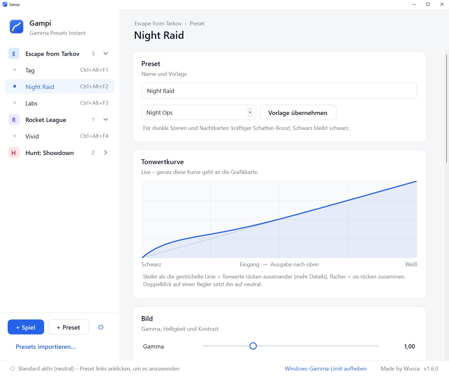 Gampi: Preset mit Vorlage und Live-Kurve