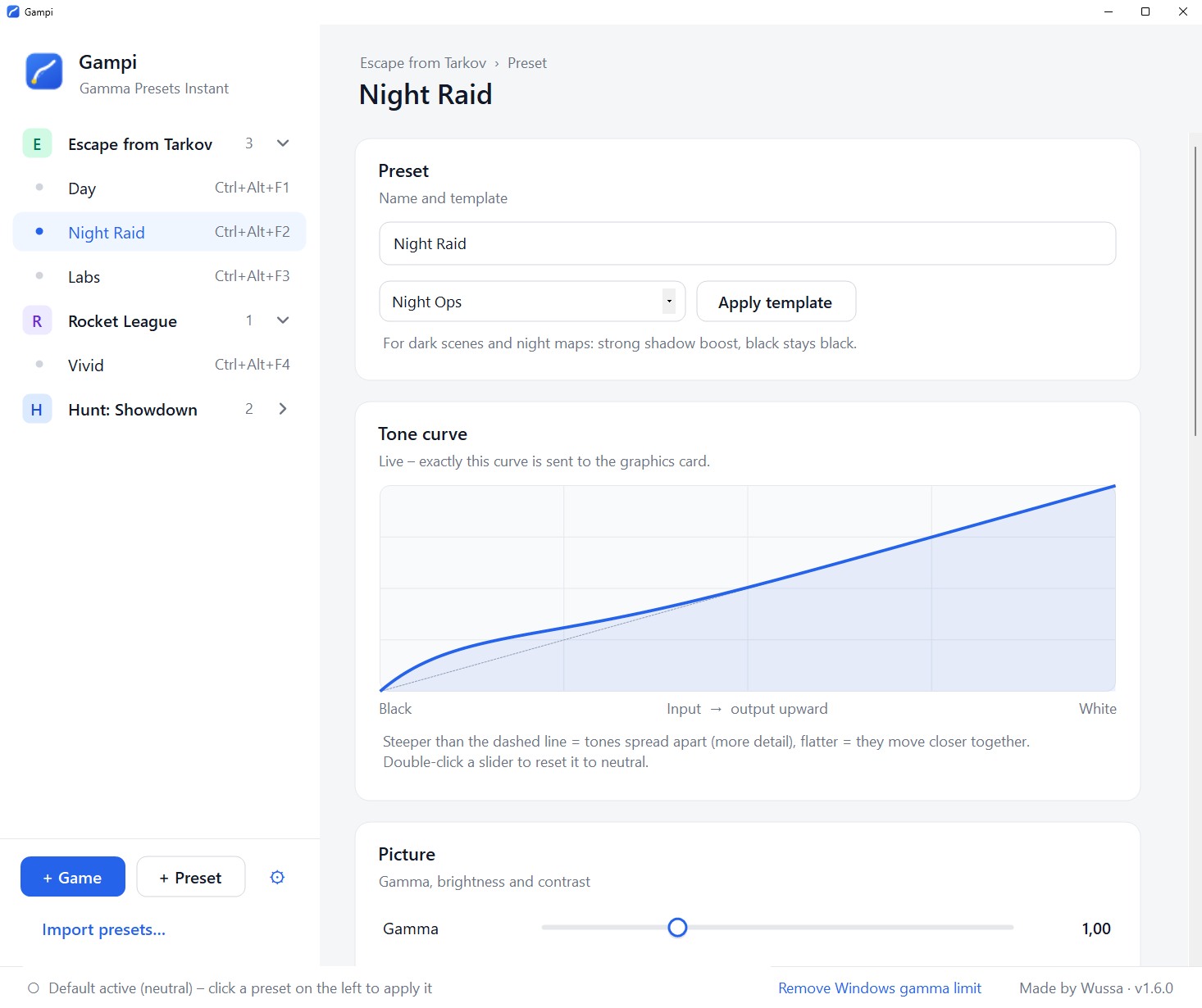 Gampi: preset with template and live curve